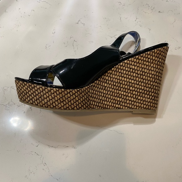 Faded Glory Open Toe Wedge Heels Black Tan Strap - Picture 4 of 8